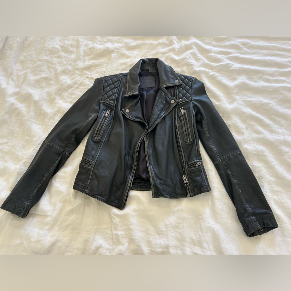 All Saints Black Leather Cropped Jacket - size 00
